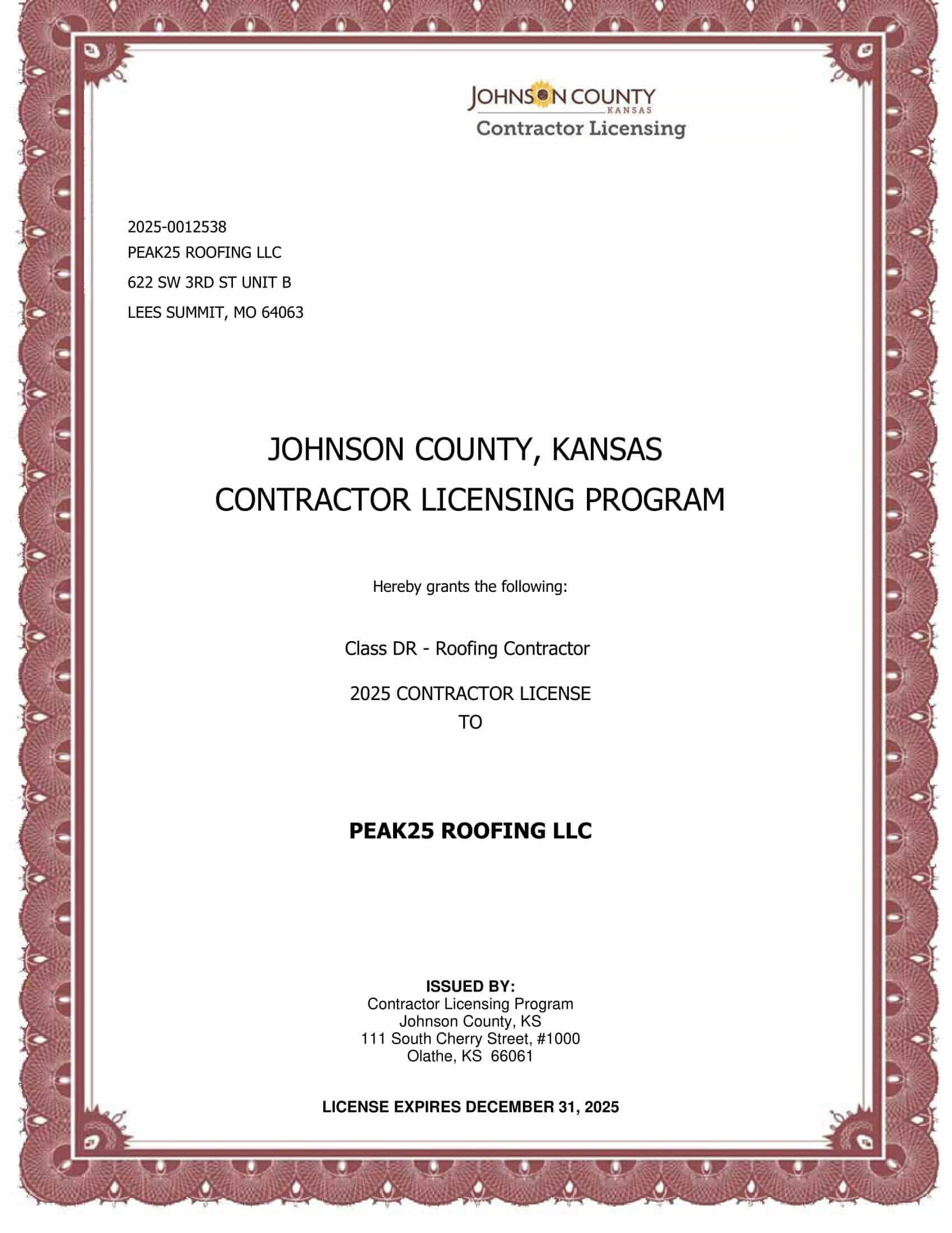 Peak25 Roofing JOCO Contractor Licensing
